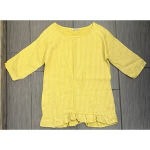 Lungo L'Arno 100% Linen Tunic Top Mustard Yellow W/White Vertical Stripes Large